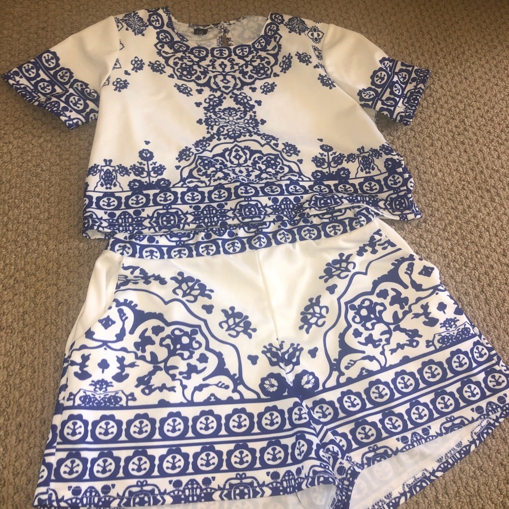 Blue and white two piece outfit